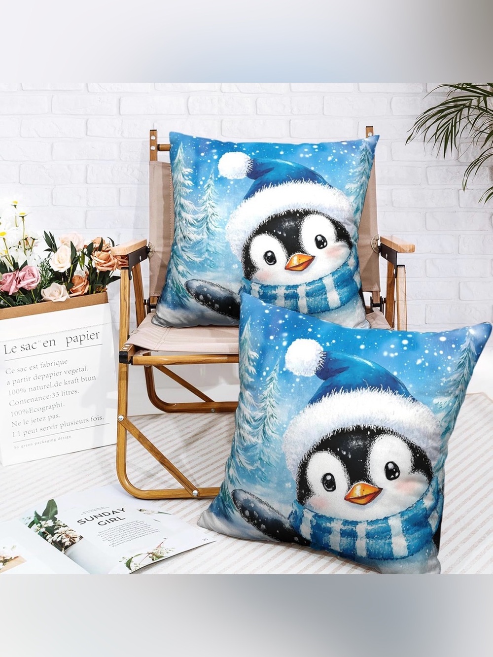 🛍️New🛍️Festive Blue Penguin Holiday Throw Pillow Covers (No Inserts)
